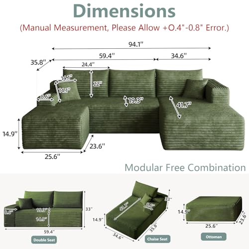 Image of 95 inch Modular Sectional Sofa with Ottoman, Modern Corduroy Cloud Couch with Deep Seat, Boneless Couch Upholstered 3-Seater U-Shaped Sofa for Living Room, No Assembly (Green,Right-Facing Chaise)