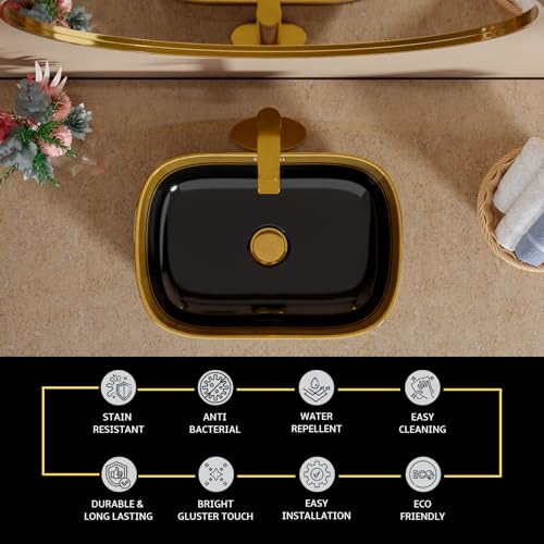 Image of BASSINO 18x13x5.5 Inches Table Top Washbasin /1 Year Warranty /Ceramic Wash Basin for Bathroom /Rectangular Shape Counter Top Wash Basin for Dining Hall /Living Room /Vessel Sink(Glossy Black & Gold)