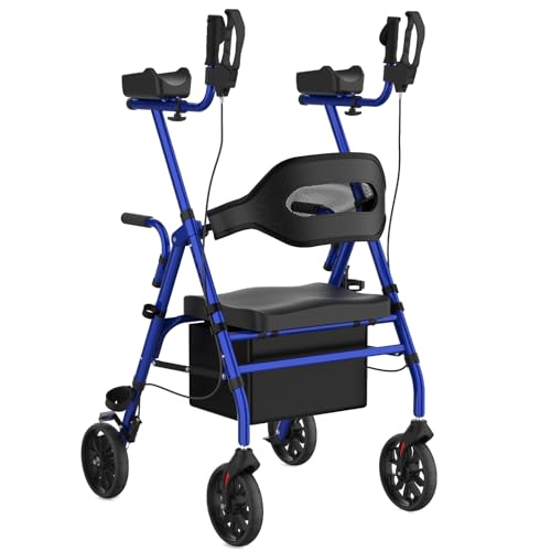 Image of Upright Rollator Walker, Heavy Duty Stand Up Walkers for Seniors with Seat and Reversible Backrest, Foldable Standing Rollator with 8 inch Anti-Slip PU Wheels, Blue