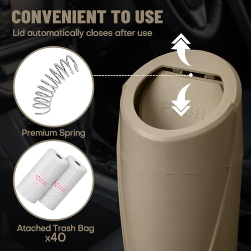 Image of Car Trash Can Bin with Lid - 2 Packs Car Garbage Can Cup Holder - Beige Mini Leakproof Vehicle Garbage Bin with 40pcs Trash Bags-Automobile Organizers and Storage for Front Back Seat Accessories