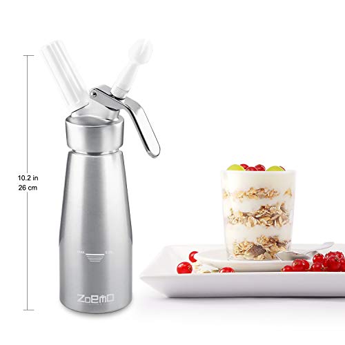 Zoemo Professional Whipped Cream Dispenser 250Ml (N2O Cartriges Not Included) - Cream Whipper With Sturdy Aluminum Body And Head - Half Pint Whipper Creates 2-3 Pints Of Fresh Whip Cream #TOP3