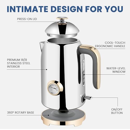 Image of SUSTEAS Electric Kettle - 57oz Hot Tea Water Boiler with Thermometer, 1500W Fast Heating Stainless Steel Pot, Cordless LED Indicator, Auto Shut-Off & Boil Dry Protection, Glossy Silver