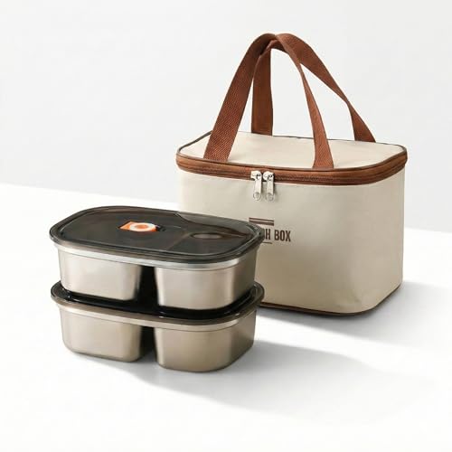 Image of Stainless Steel Lunch Box Set (2400ML) with Insulated Carry Bag | 2 Layer Food Grade Steel Containers, Leakproof Lid with Silicone Seal & Air Vent, Microwave, Dishwasher Safe