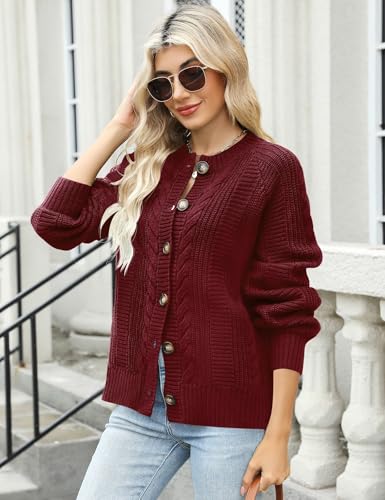 Rapbin Women's Cable Knit Cardigan Long Sleeve Open Front Button Up Knitwear Sweater Coat (Wine Red XL)3