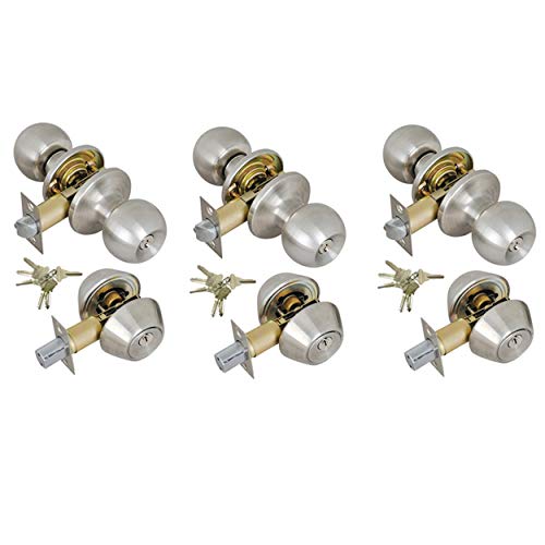 Grip Tight Tools ED06C-3, Set of 3 (Satin Stainless Steel) Combo Entry Lock Set Door Knob and Double Cylinder Deadbolt Alike: SC1 Keyway with 18 Keys Included