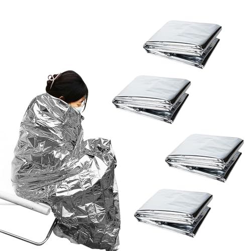 4Pcs Silver Emergency Blanket Foil, 130x210cm, Space Blanket for Camping Hiking Outdoor Survival