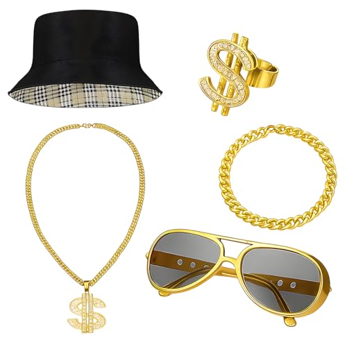 90s Fancy Dress, 5Pcs Hip Hop Punk Costume Set for Men and Women, 80s and 90s Themed Party Outfit with Black Bucket Hat, Perfect for Halloween, Disco Events, and Retro Photo Shoots