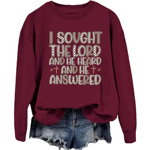 Image of TONGCHEN I Sought The Lord and He Heard Christian Faith Sweatshirt Women Christmas Crewneck Sweatshirts (US, Alpha, Small, Regular, Regular, Wine Red)