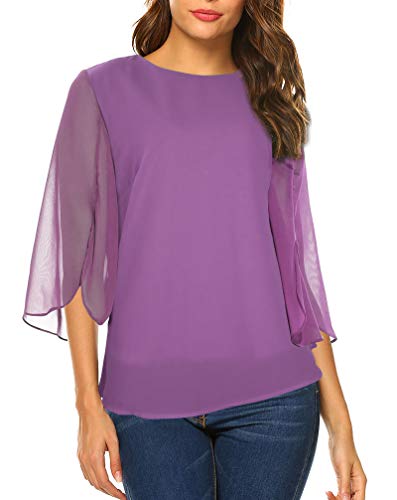 Image of Oyamiki Womens Half Sleeve Layered Flowy Chiffon Blouses Round Neck Shirts Tops