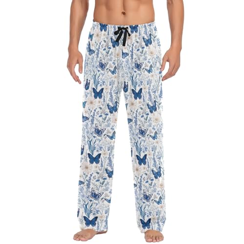 Men’s Butterflies and Wildflowers Pajama Pants with Pockets, Comfortable Lounge Sleep Bottoms#352
