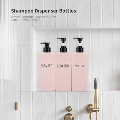 Image of Segbeauty Refillable Shampoo and Conditioner Bottles, 3pcs 16.9oz Square Plastic Bathroom Soap Dispenser Set, 500ml Empty Shower Bottles Lotion Dispenser Press Pump Bottle for Modern Home Decor Pink