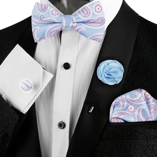Image of Alizeal Mens 4pcs Vintage Paisley Bow Tie Set | Pre-tied Pocket Square Cufflinks Boutonniere for Wedding Everyday Use