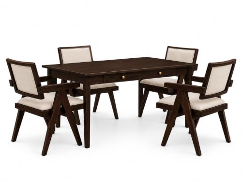 Image of Solid Sheesham Wood 4 Seater Dining Table Set with 2 Drawers & Cushioned Back Chairs | 45 x 32 x 30 Inch Wooden Dining Table for Dining Room, Kitchen & Home