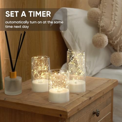 Image of LED Flameless Candles with Warm White Fairy Lights in Glass Cylinder, Battery Operated, Realistic Flickering Effect, Decorative Lights for Bedroom, Living Room, Wedding & Home Decor (Set of 3)