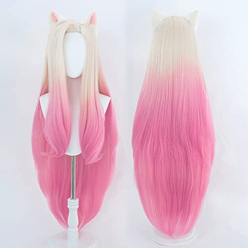 Ahri Kda Wig Long Curly Blonde Pink Wig for Women Gradient Hair Cosplay Costume Halloween (Ahri)