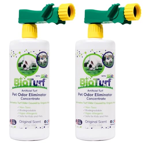 BioTurf BioS+ Turf Cleaner for Pet Urine Outdoor Artificial Turf Cleaner Deodorizer Concentrate Fake Grass & Yard Deodorizer for Dog Urine & Feces Enzyme Kennel Odor Eliminator 32oz 2pk