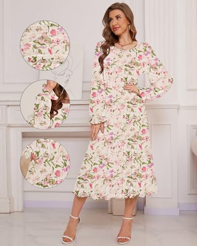 Image of CYiNu Women's Midi Dresses Long Sleeve Crew Neck Flowy Casual Floral Boho Tiered Chiffon Smocked Elegant Dress