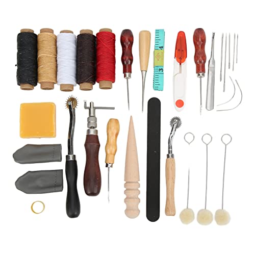 Yomiyuyr Herramientas de trabajo de cuero, kit de artesanía de cuero de 31 piezas con hilo de cera, tijeras, ranuradora y más para bolsos de cuero de bricolaje