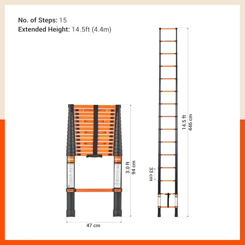 Image of Bathla 14.5 ft Steel Telescopic Ladder | Portable & Compact | Foldable Multipurpose Step Ladder for Home & Outdoor use