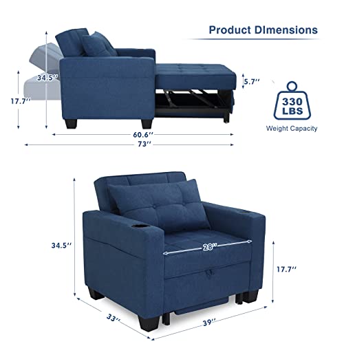 Duraspace Futon Chair Bed Convertible Chair 3-In-1 Pull Out Sleeper Chair Beds With Usb Ports, Armchair Bed Sleeper For Living Room (Blue Linen) #TOP6
