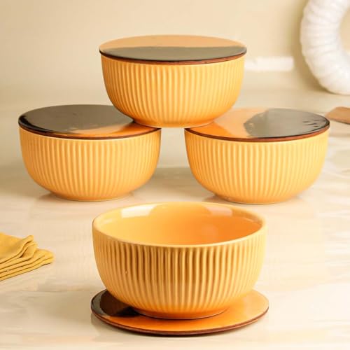 Image of The Earth Store Yellow Fringe Ceramic Bowl with Lid Set of 4, 550ML | Multipurpose Uses Coaster /Lid | Dishwasher & Microwave Safe Bowl | Ideal for Rice, Dal, Fruits, Salad, Snack, Mixing Bowl