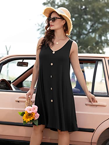 Belaroi Women Plus Size Summer Dresses Beach Tshirt Sundress Casual Swing V Neck Button Sleeveless Tank Dress Swimsuit Cover Ups With Pockets(2X,Black) #TOP4