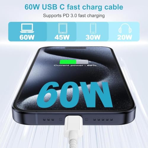 Image of KUZOOM USB C To USB C Cable, 60W Fast Charging Cable Compatible With iPhone 16 Pro Max /15 Pro /15, Samsung Galaxy S24 /S23 /S22 Ultra, iPad Pro, Pixel 9 /8 Grey, 3.3Ft