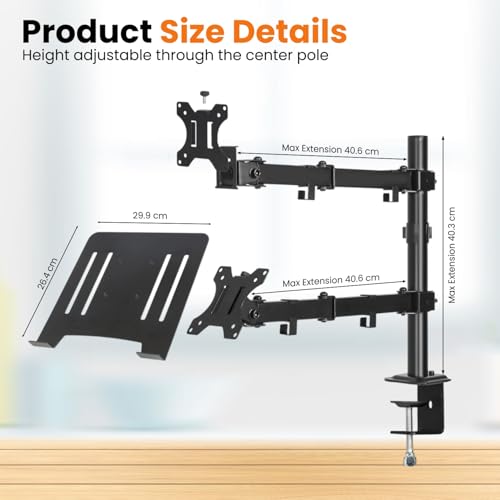 Image of Dyazo Dual Monitor Desk Mount with Laptop Tray | Fits 13-32 inch Monitors & 10-15.6 inch Laptops | Fully Adjustable Arms with Height Adjustment & 360 Rotation | Dual Mount with C-Clamp /Grommet Base (Black)