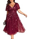 Ever-Pretty Vestido de invitada de boda para mujer, con cuello en V, manga corta, bordado, acampanado, lentejuelas, talla grande, longitud hasta la rodilla, 02230-DA, Borgoña, 16