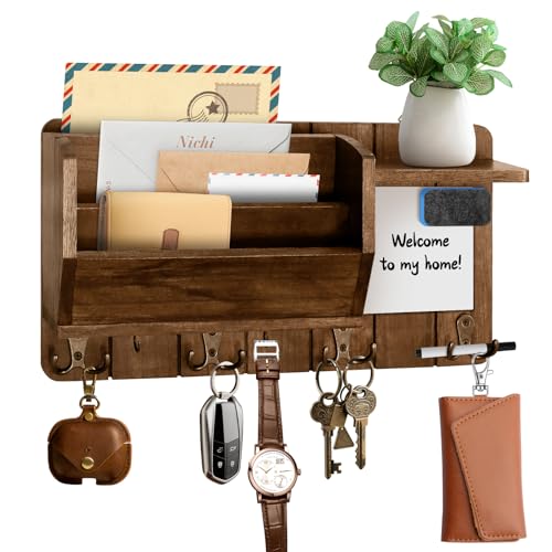 Wall Mounted Mail With message board and Holder Holder Wooden Key, With 4 Double Hook And a storage board, Key holder for wall, Country retro home decor, For living room and foyer storage(Wood brown)