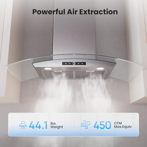 Image of VIKIO HOME 36 Inch Wall Mount Range Hood, 450 CFM Dual Inlet, Curved Glass Kitchen Vent Hood, Ducted /Ductless Convertible, 3-Speed Touch Control, LED Lights, Stainless Steel