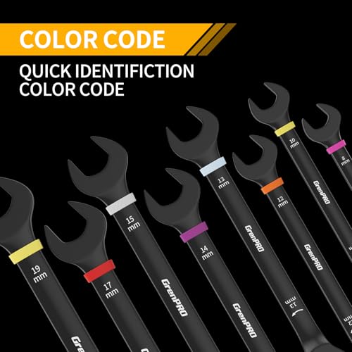 Image of GRENPRO Ratcheting Wrench Set Metric And Standard, 9PC 8-19 mm 72Th Long Big Box Open End Ratchet Wrenches Organizer With Color Ring With Roll Up Pouch With 1 Gauge, Large Combination Wrench Tool Sets