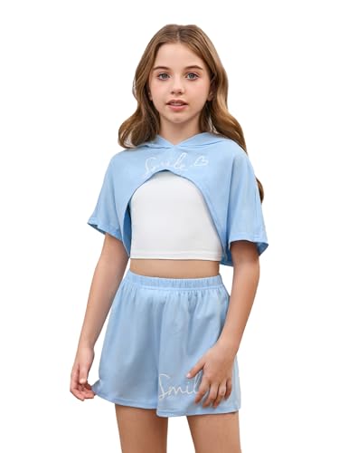 Image of SweatyRocks Girl's 3 Piece Outfits Letter Print Short Sleeve Hooded Tops and Cami Tops with Shorts Set