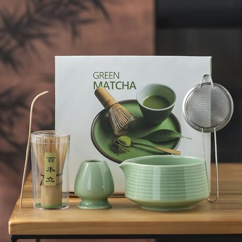 Marjoramy 5-Piece Matcha Set, Japanese Tea Ceremony Set, Ceramic Matcha Bowl with Spout, Bamboo Whisk, Bamboo Scoop, Handcrafted Whisk Holder, Traditional Tea Making Tools for Perfect Foam (A)
