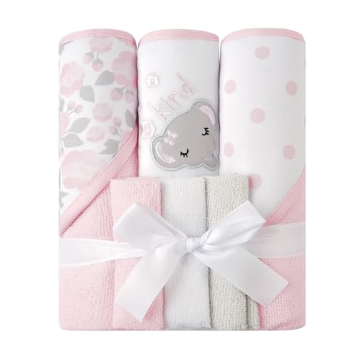 Image of Viviland Baby Towels and Baby Wash Cloths Set Hooded Baby Towels Baby Wipes Absorbent Bath Face Towels Burp Cloths or Face Towels for Girl Boy 6-Pack Size 28 x 28 Inch(Elephant Flower)