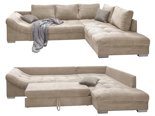 Wunderschönes Cord Ecksofa mit Schlaffunktion, Wellenunterfederung, gemütliches L-Sofa B298/T202/H84 cm, Longchair Ottomane rechts, Couch mit Cordstoff in Beige, 2 Zierkissen in Grau / 17203