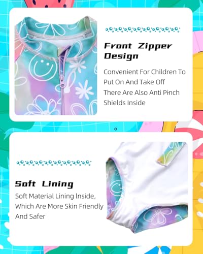 Kids Girls Rash Guard Long Sleeve One Piece Swimsuits Zipper Bathing Suits UPF 50+ Tropical Plant Flowers Ages 3-123