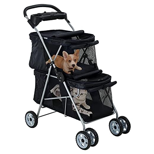 HCY Double Pet Stroller for Cats & Dogs - 4 Wheels, Lightweight, Waterproof for Travel & City Walk (Black)