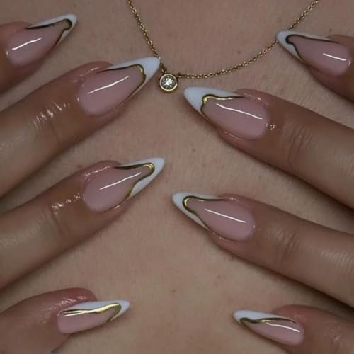 White French Tip Press on Nails Medium Almond Fake Nails 3D Gold ...