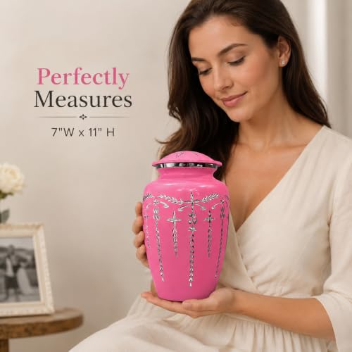 Image of ALPHA Living HOME Adult Cremation Urn for Human Ashes, Durable Aluminum Memorial Funeral Urn with Secure Screw-Top Lid, Dignified Decorative Urn for Loved Ones, Pink