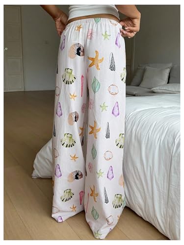 GORGLITTER Women's Boho Shell Graphic Wide Leg Pants Drawstring Waist Casual Trousers3