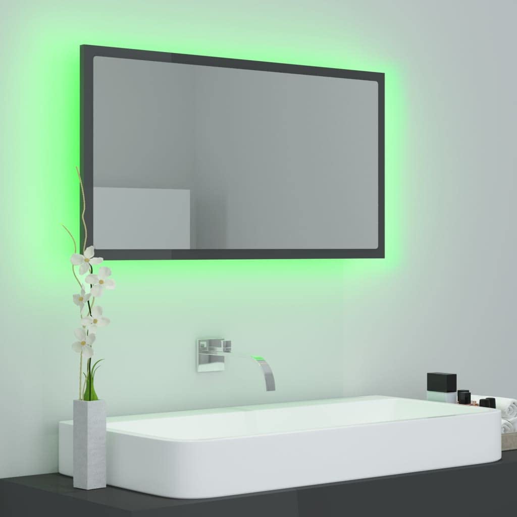 Lustro łazienkowe LED, wysoki połysk, szare, 80 x 8,5 x 37 cm, akrylowe, szafki i przechowywanie, szafki pod umywalkę, szafki łazienkowe