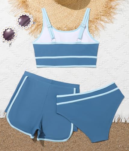 Image of Girls Swimsuits 3 Piece Bathing Suit Bikini Set with Sporty Shorts and Sunglasses Beach Swimwear for Girl 8-15 Years