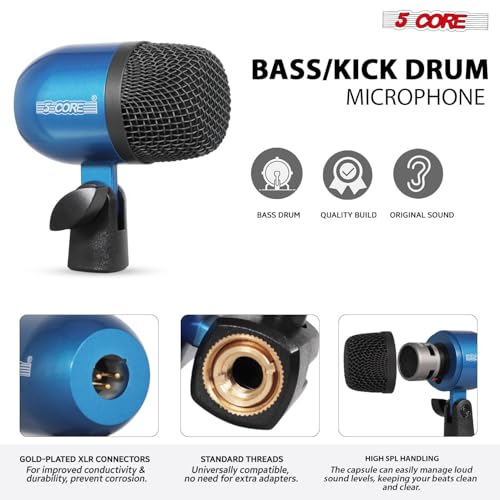 Image of 5 CORE 7 Piece Drum Microphone Set with 5 Dynamic Percussion Microphones Kick Bass, Tom /Snare and 2 Condenser Cymbals Metal Mics Complete with Thread Clip Mics Holder