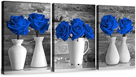 Wall Art Canvas Blue Rose Painting Flower Wall Art Pictures For Bedroom Living Room 3 Piece Set Framed Home Decor Artworks 24"X36"