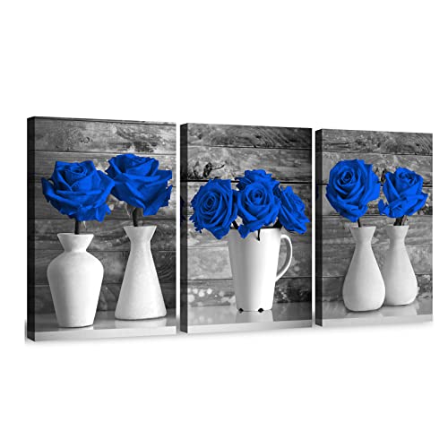 Wall Art Canvas Blue Rose Painting Flower Wall Art Pictures For Bedroom Living Room 3 Piece Set Framed Home Decor Artworks 24"X36" #TOP3