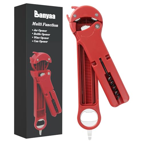 Banyaa 7 in 1 Jar Opener Bottle Opener and Wine Opener for Seniors with Arthritis, Weak Hands, Multi Retractable Magnetic Can Opener, Original Kitchen Lid Opener Tool (Red)