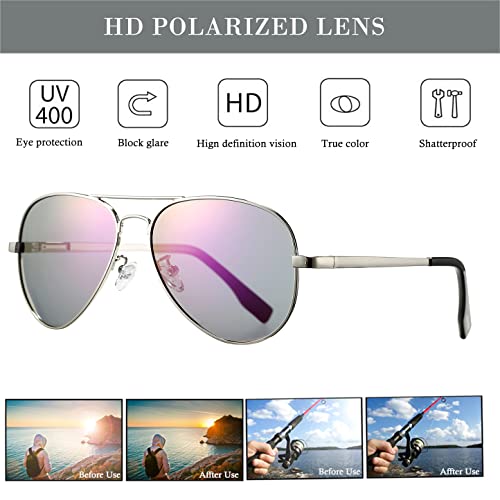 Hjstes Polarized Aviator Sunglasses For Women Men Classic Metal Shades Mirror Lens 100% Uv Blocking, 58Mm(Silver Frame/Purple Mirrored) #TOP7