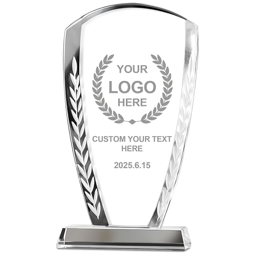Emoragifou Trofeo de cristal personalizado de 9.45 x 5.12 pulgadas, placa de premio de cristal grabada personalizada con tu logotipo/emblema/texto, premios y trofeos personalizados para deportes