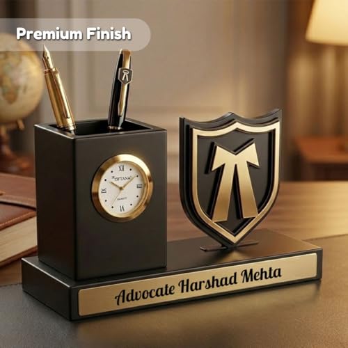 Image of Giftana 2 in 1 Personalized Desk Table Organizer with Pen Gift Set for Doctors, Customized Pen Stand Table Clock & Calendar 4 in 1 Advocate Symbol